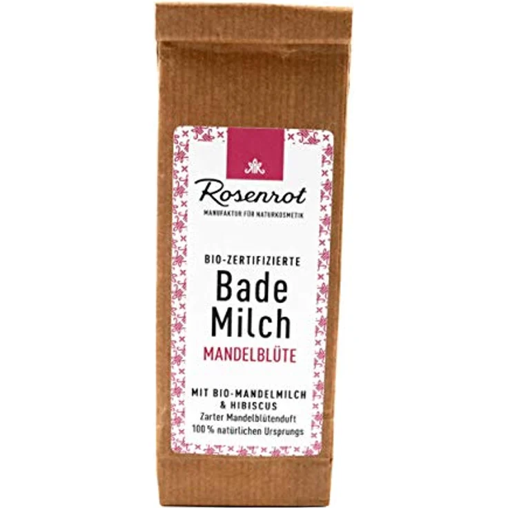 Rosenrot Naturkosmetik Bademilch Mandelblüte mit Bio-Mandelmilch & Hibiskus, vegan, 100% biologisch abbaubar, zarter Mandelblütenduft, umweltfreundliche Verpackung – Bild 1