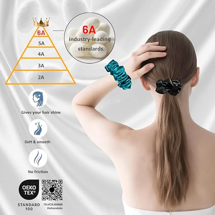 townssilk Seiden Scrunchie 2er-Set, 100% Maulbeerseide 6A/22 Momme, OEKO-TEX® zertifiziert, haarschonend, elastisch ohne Abdrücke, schwarz & Pfauenblau – Bild 3