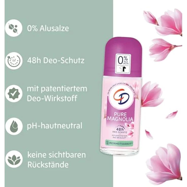 CD Deo Roll-on 'Pure Magnolia', Deodorant ohne Aluminiumsalze, 48h langanhaltender Schutz, vegan, für empfindliche Haut, mit Magnolien-Extrakt, 50ml – Bild 3