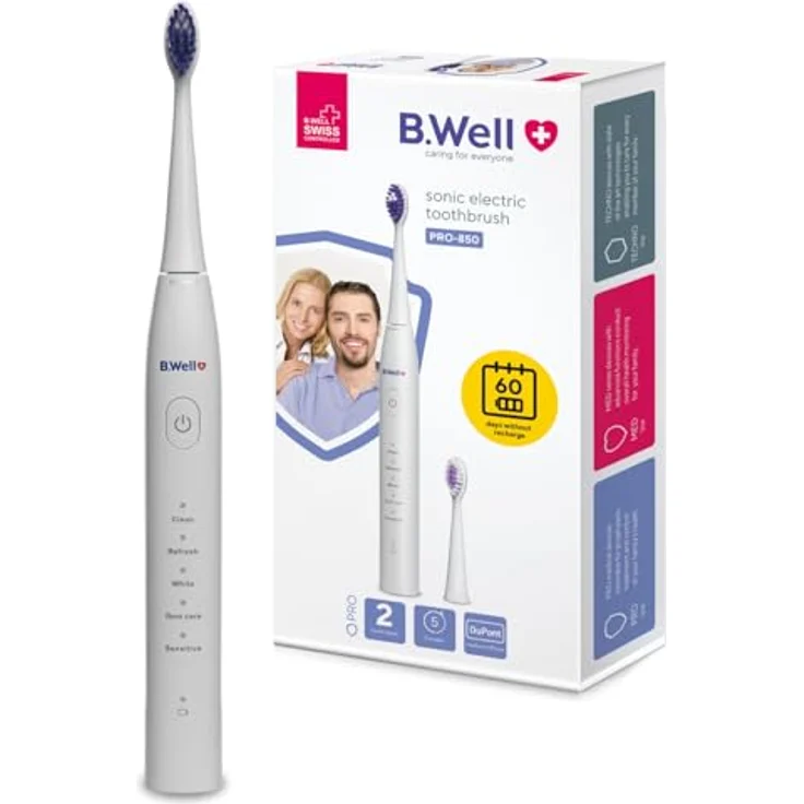 B.Well Sonic Pro-850, Elektrische Zahnbürste mit Schalltechnologie, 5 Modi, Weiss, bis zu 60 Tage Akkulaufzeit, inklusive 2 Bürstenköpfen und USB-Ladeanschluss – Bild 1