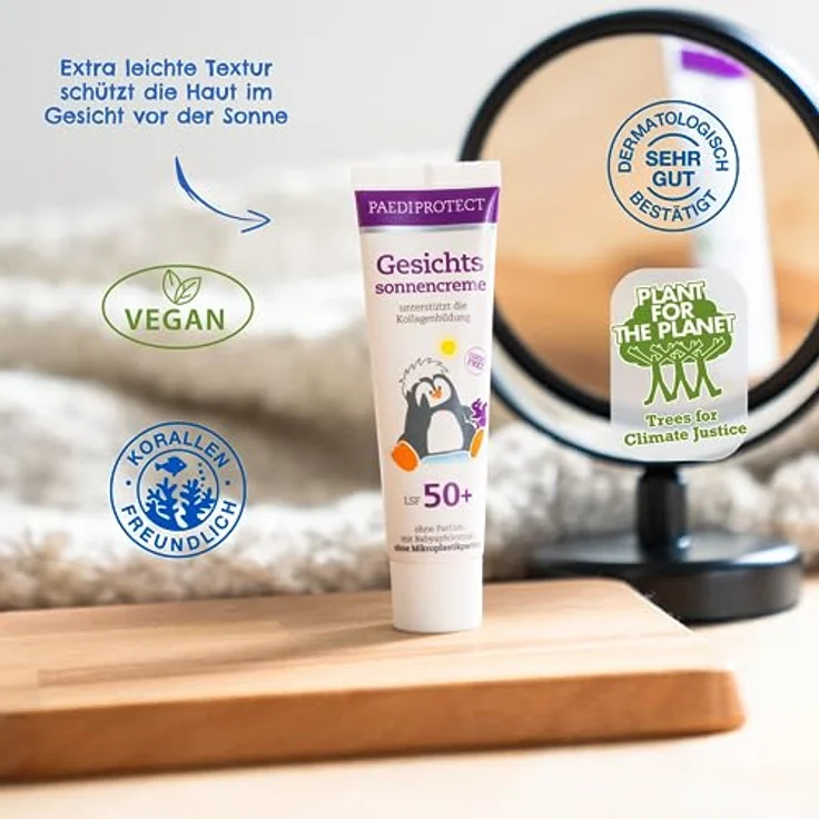 PAEDIPROTECT Gesichtssonnencreme LSF 50+ 30 ml, Sonnencreme Gesicht 50 unterstützt Kollagenbildung, Sonnenschutz parfümfrei, face sunscreen ohne Mikroplastik mildert Hautirritationen, vegan – Bild 3