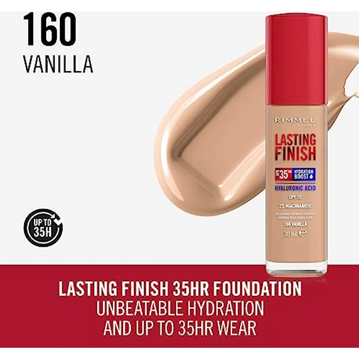 Rimmel London Lasting Finish 35 Hour, 160 Vanilla, langanhaltend, feuchtigkeitsspendend, vegane Formel, volle Deckkraft, 30 ml – Bild 2