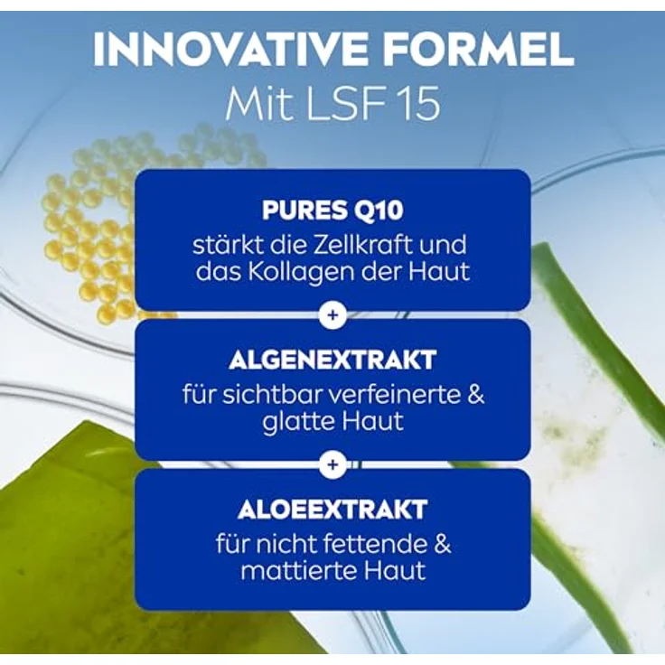 NIVEA Q10 Anti-Falten PORENVERFEINERUNG Extra Leichte Tagespflege mit LSF 15, 50 ml, Gesichtscreme für Mischhaut, Algenextrakt und Aloe – Bild 3