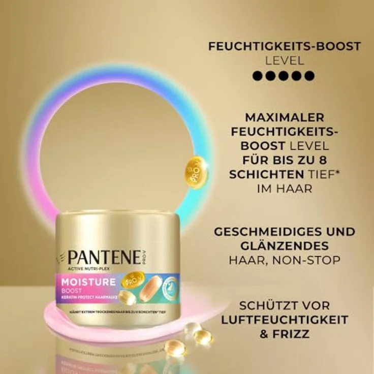 Pantene Pro-V Moisture Boost Keratin Protect Haarmaske, 300ml für extrem trockenes Haar, Nährt bis zu 8 Schichten tief, schließt Luftfeuchtigkeit aus, Pro-V Formel und Active Nutri-Plex-Technologie – Bild 4