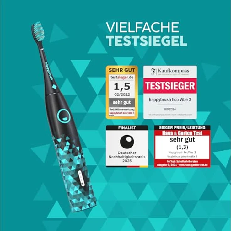 happybrush® Schallzahnbürste Eco Vibe 3, TESTSIEGER mit 3 Putzmodi, 40.000 Vibrationen/Minute, 60 Tage Akkulaufzeit, 2 Jahre Garantie, Black/Mint – Bild 3