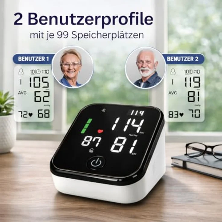 IEA Medical Blutdruckmessgerät Oberarm mit LED-Display, Arrhythmie-Warnung, 2x99 Speicher, Ampel-Farbskala, Manschette 22-42cm, USB-C – Bild 2