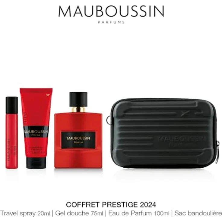 Mauboussin - Prestige 2024 Pour Lui In Red: Eau de Parfum 100 ml, Duschgel 75 ml, Travel Spray 20 ml & Umhängetasche, holzige und würzige Duftnoten – Bild 2