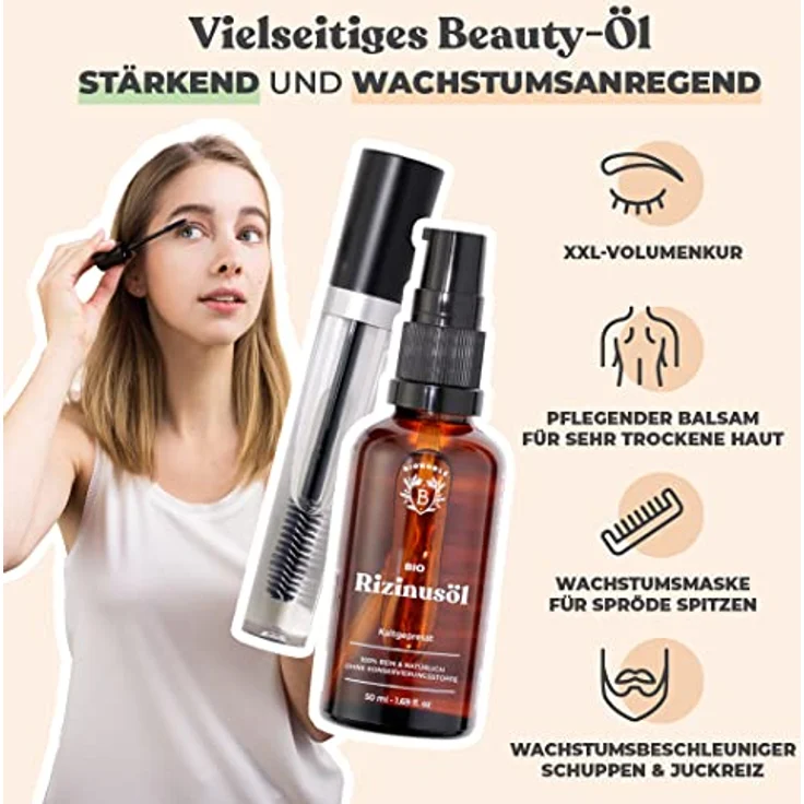 Bionoble Rizinusöl Bio 50ml - 100% Rein, Natürlich und Kaltgepresst - Wimpern, Augenbrauen, Haare, Bart, Nägel - Vegan und Cruelty Free -Castor Oil - Glasflasche + Pipette + Pumpe + Mascara Kit – Bild 2