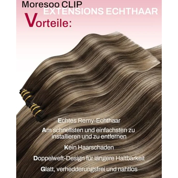 Moresoo Clip in Extensions Echthaar Balayage Remy, Ombre Dunkelbraun mit Karamellblond, 7pcs 120g, 45 cm – Bild 2