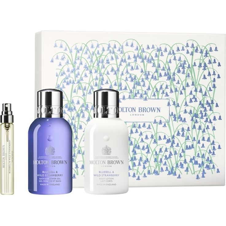 Molton Brown Bluebell & Wild Strawberry Travel Gift Set, unisex Parfum mit 7,5 ml Eau de Parfum, 100 ml Duschgel und 100 ml Körperlotion