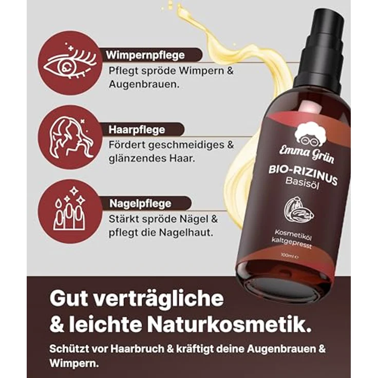 Emma Grün® Rizinus Öl Kaltgepresst 100ml - 100% reines Bio-Rizinusöl für Haare, Haut & Nagelpflege - Stärkt Wimpern & Augenbrauen - Pipette und Pumpe für präzise Dosierung - Vegan & tierversuchsfrei – Bild 3