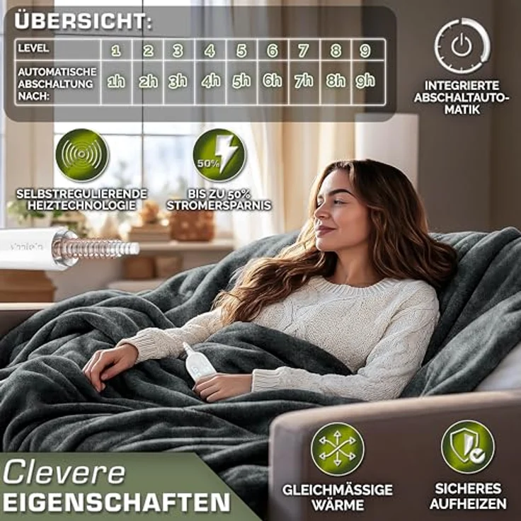 sinnlein Heizdecke aus Plüsch 200 x 180 cm grau elektrische Wärmedecke mit Abschaltautomatik und Timer 9 Temperaturstufen waschbar – Bild 9