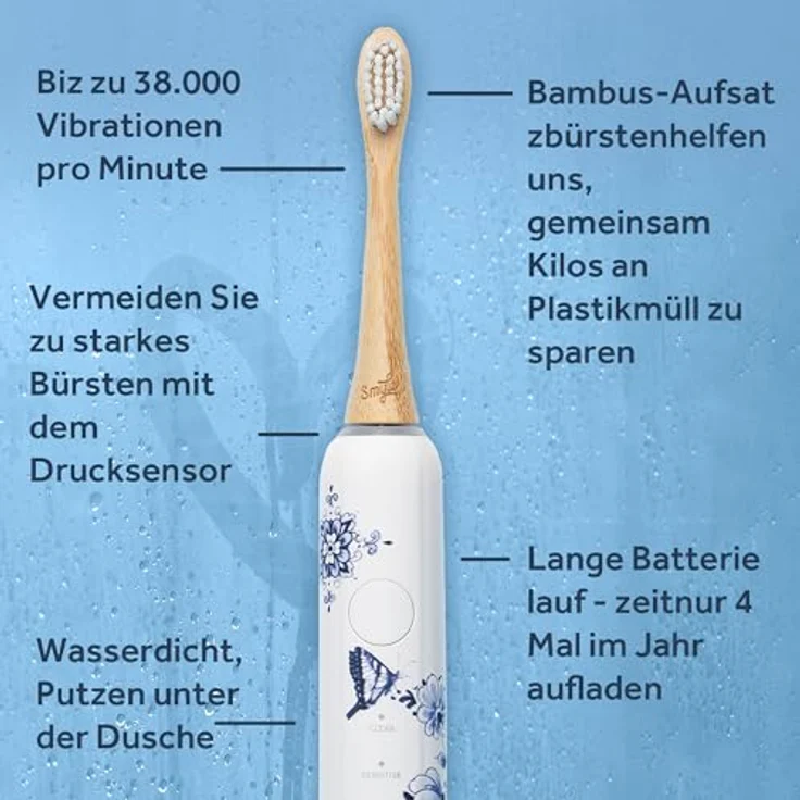 Smyle Sonic Elektrische Zahnbürste, 5 Reinigungsmodi, Drucksensor, Delfter Blau – Bild 8