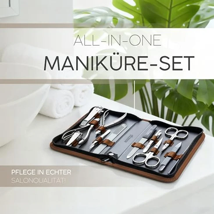marQus Solingen Maniküre Set 12 Teile, Echt Leder Etui in Braun, komplettes Hand- und Fußpflege Kit mit qualitativ hochwertigen Nagelinstrumenten – Bild 2
