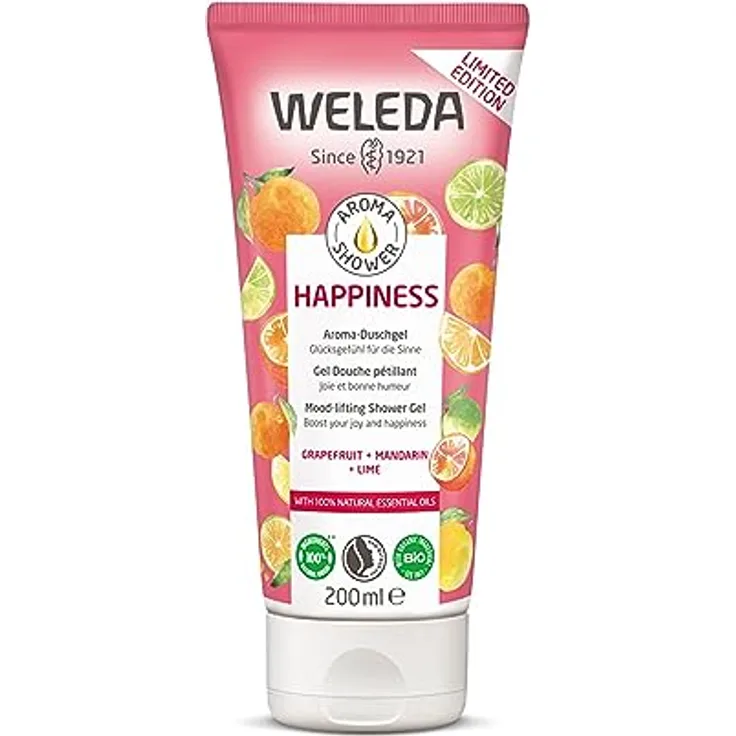 WELEDA Bio Duschgel Aroma Shower Happiness – Limited Edition Naturkosmetik Duschpflege mit erfrischendem Duft nach Grapefruit, Mandarine & Limette bewahrt die Feuchtigkeit der Haut (1 x 200ml)