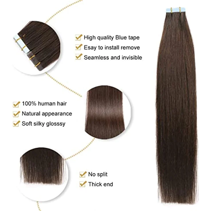 YILITE Tape in Extensions Echthaar 40cm #2 Dunkel Braun, Gerade und Nahtlos, 20 Stück Packung, Remy Haarverlängerungen – Bild 3