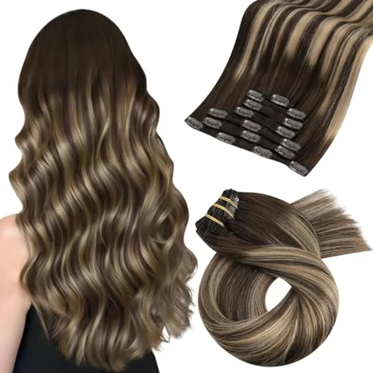 Moresoo Clip in Extensions Echthaar, 55 cm, 7pcs, 120g, seidige Salonqualität mit Silikonclips – Bild 1