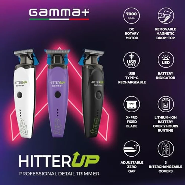 Gamma+ HITTER UP Profi Trimmer für Bart & Konturen, 7.000 U/min Motor, über 2 Std. Akkulaufzeit, magnetische Aufsätze, USB-C Ladefunktion, 3 Gehäusefarben (Schwarz, Weiß, Amethyst) – Bild 2