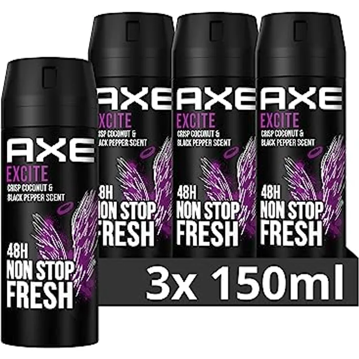 Axe Bodyspray Excite Deo ohne Aluminium sorgt 48 Stunden lang für effektiven Schutz vor Körpergeruch 150 ml 3 Stück
