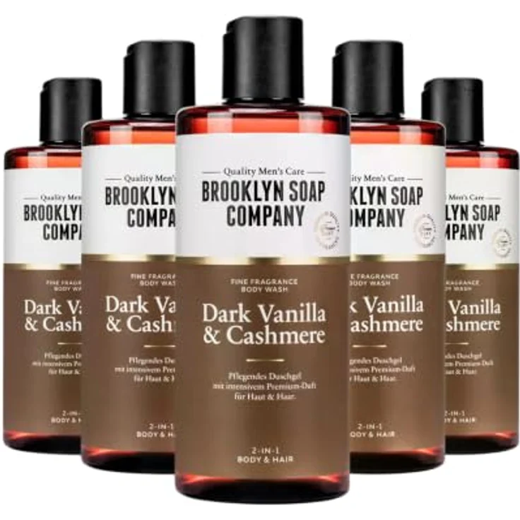Brooklyn Soap Company Duschgel für Männer 5x300ml - 2-in-1 Fine Fragrance Body Wash mit Dark Vanilla & Cashmere Duft, angereichert mit Vitamin E und Panthenol – Bild 1
