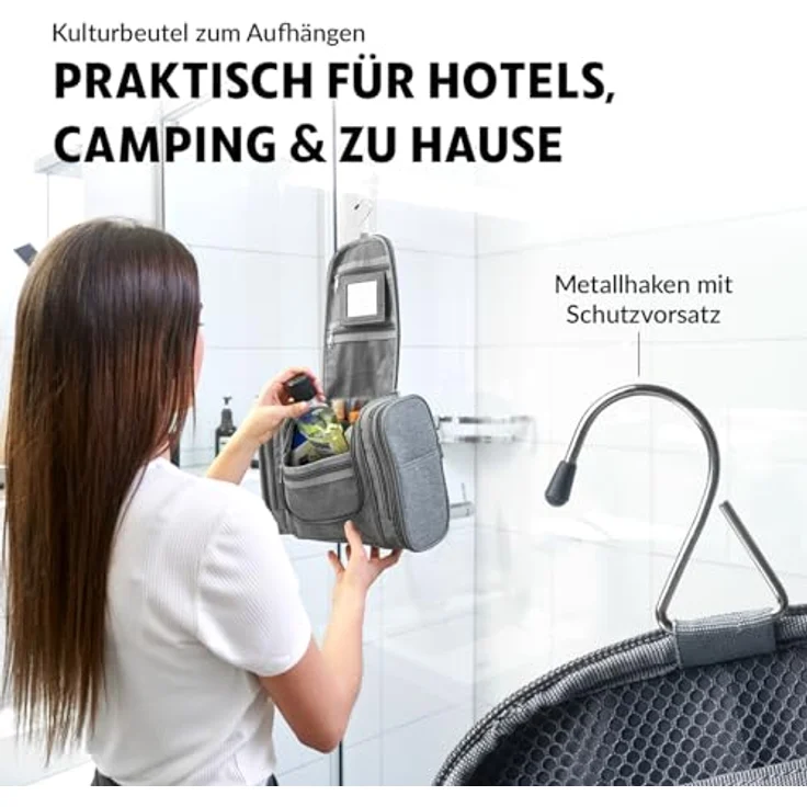 Obics Kulturbeutel Herren & Damen Gross grau 8L XXL - Kulturtasche zum Aufhängen & mit Spiegel - Toiletten-Tasche mit Henkel hängend - Kosmetik-Beutel - Waschtasche 10 Fächer für Camping Reisen – Bild 3
