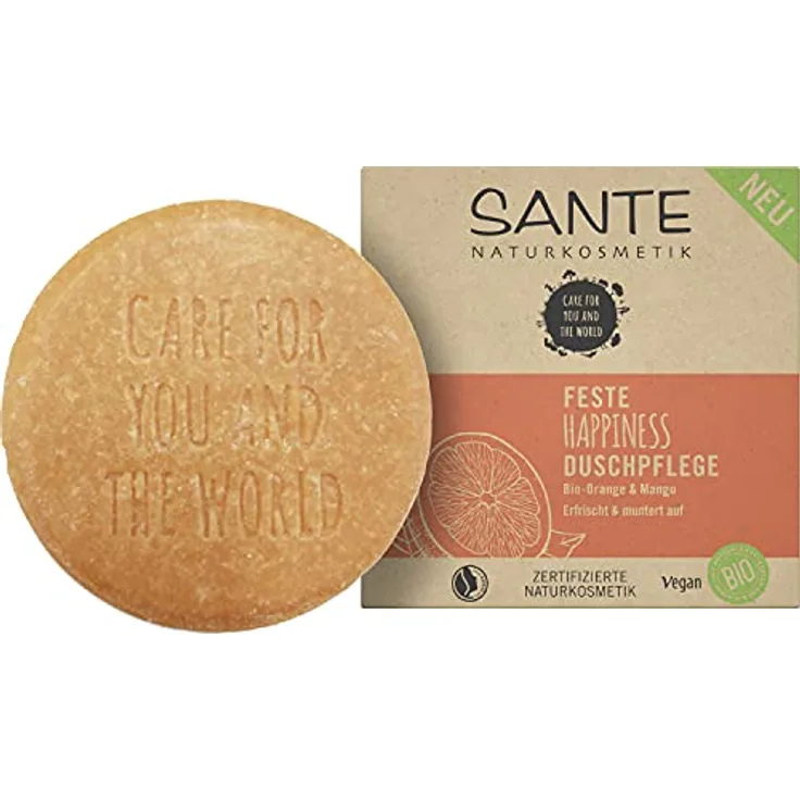 Sante Naturkosmetik Feste Seife zum Duschen für zarte Haut, Vegane Formel mit Bio-Orange und Mango, Feste Happiness Duschpflege, 80 g