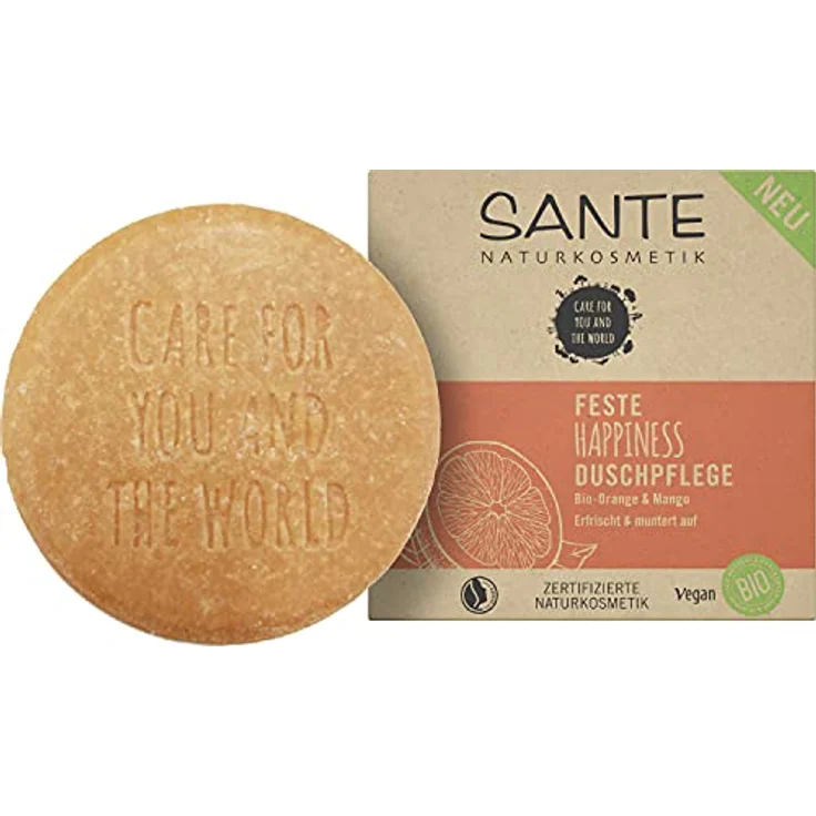 Sante Naturkosmetik Feste Seife zum Duschen für zarte Haut, Vegane Formel mit Bio-Orange und Mango, Feste Happiness Duschpflege, 80 g – Bild 1