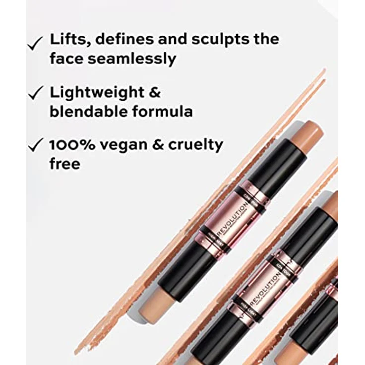 Makeup Revolution Konturenstift Duo Cream Contour & Highlight, definiert die Wangenknochen und modelliert das Gesicht, vegan und frei von Tierversuchen, dunkel, 2,4 g – Bild 2