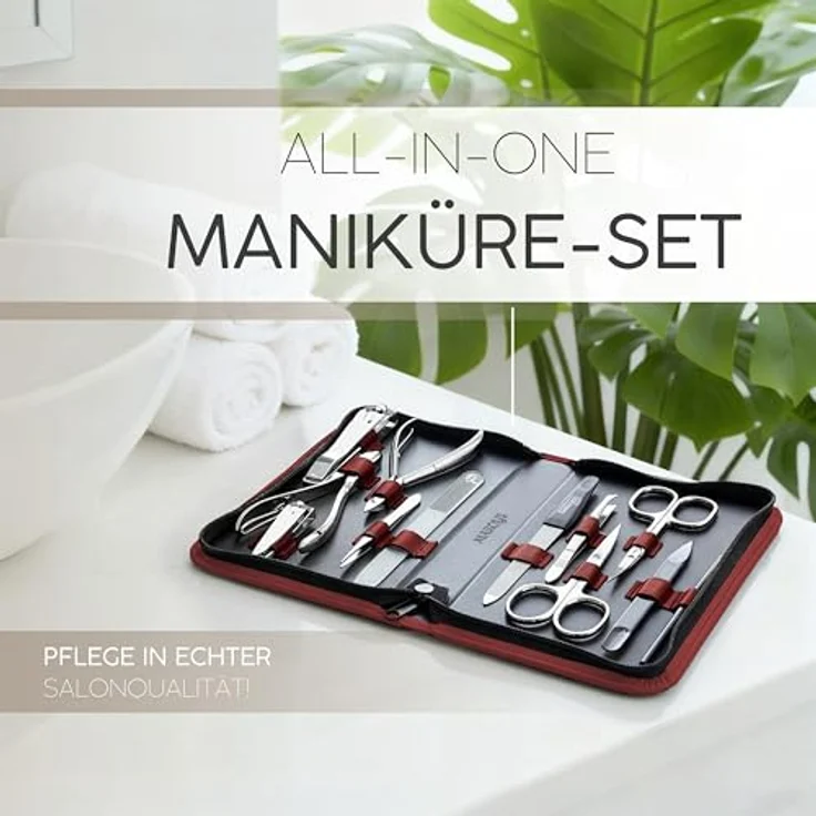marQus Solingen Maniküre-Pediküre Set 12-teilig, Echtleder Etui rot, Komplett Kit für Hand- und Fußpflege mit Glasfeile und scharfen Scheren – Bild 2