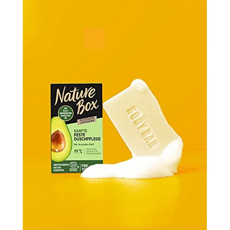 Nature Box Sanfte Feste Duschpflege mit Avocado-Duft (100 g), pflegende Duschseife mit kaltgepresstem Avocado-Öl, extra schäumendes festes Duschgel, recycelbare Verpackung – Bild 5