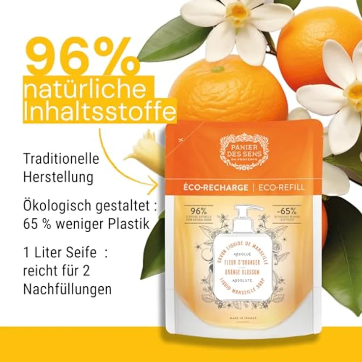 Panier des Sens Marseiller Flüssige Handseife Nachfüller, Orangenblüten, 97% natürliche Inhaltsstoffe, feuchtigkeitsspendend mit Kokosnussöl, 2x500 ml – Bild 5