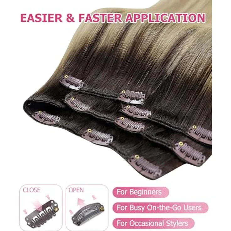 YoungSee Echthaar Extensions Clip Balayage 35cm, 120g Remy Echthaar in Braun Blond, 7 Clip in Haarverlängerungen für volles Volumen – Bild 4