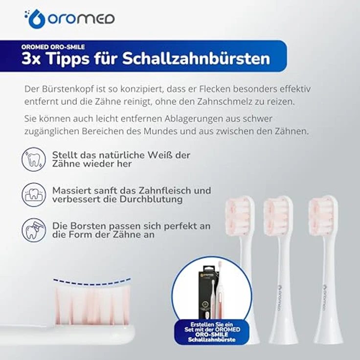 Oromed Bürstenköpfe 3 Stück – Ersatzköpfe für ORO-SMILE White, gründliche Plaque-Entfernung und sanfte Zahnfleischmassage – Bild 2