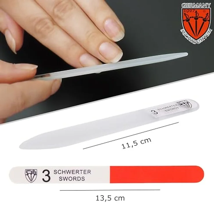 DREI SCHWERTER Glasnagelfeile doppelseitig, geschliffen, 11,5 cm, abwaschbar, inkl. 3-Weg-Nagelpolierer in Kunststoffschutzhülle – Bild 3