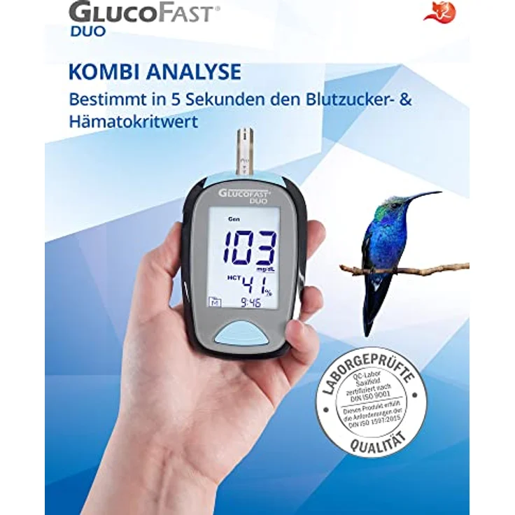 GLUCOFAST Duo Blutzuckermessgerät Starter-Set, inkl. 10 Teststreifen & Lanzetten, präzise Blutzucker- und Hämatokritbestimmung, hygienische Anwendung – Bild 2