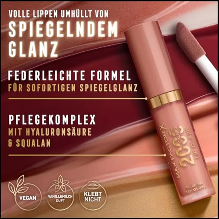 Max Factor 2000 Calorie Lip Glaze, farbiges Hochglanz-Lipgloss mit Volumen-Effekt, Nährstoffkomplex mit Hyaluron und Squalan, vegan, Fb. 170 Nectar Punch, 4.4ml – Bild 4