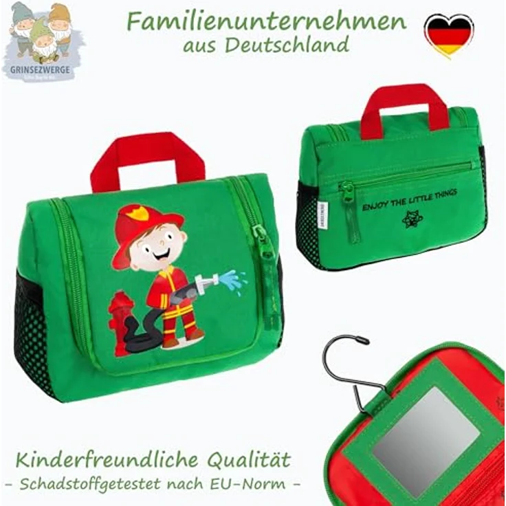 GRINSEZWERGE Kinder Kulturtasche, Reise Kulturbeutel zum Aufhängen mit großem Hauptfach, 3 Reißverschluss- und 4 Netztaschen, inklusive abnehmbarem Spiegel und Namensschild, premium Qualität und praktischer Metallhaken – Bild 4