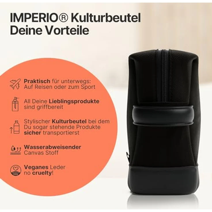 IMPERIO Kulturbeutel, wasserdichte Kosmetiktasche aus Premium Canvas & veganem Kunstleder, 5 Liter Stauraum, schwarz – Bild 5
