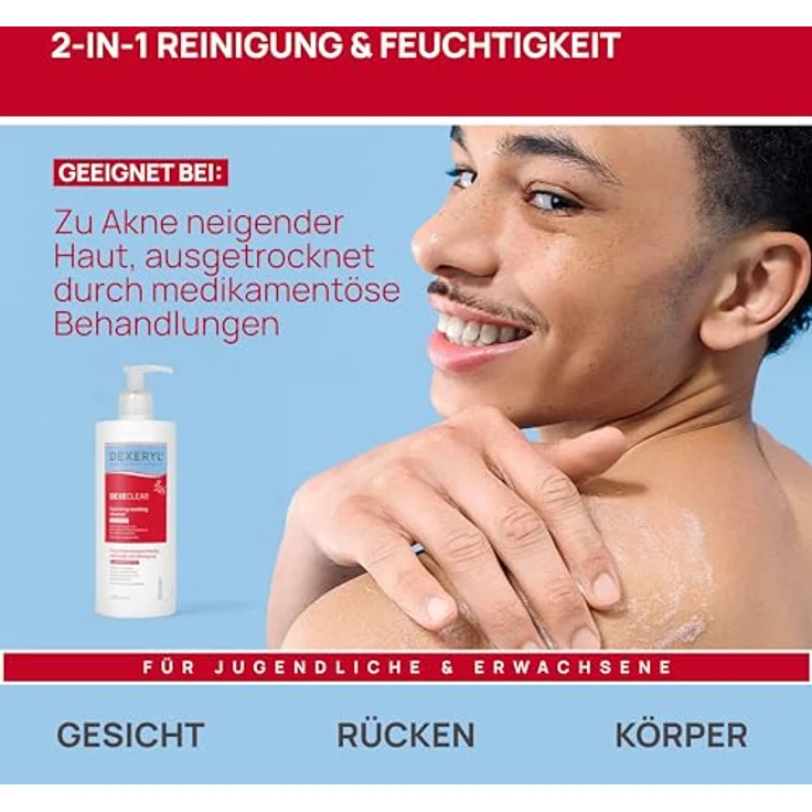 DEXERYL DEXECLEAR, feuchtigkeitsspendende Reinigung für zu Akne neigende Haut, 5% Glycerin + 0,1% Dextransulfat, seifenfrei, 400 ml – Bild 4