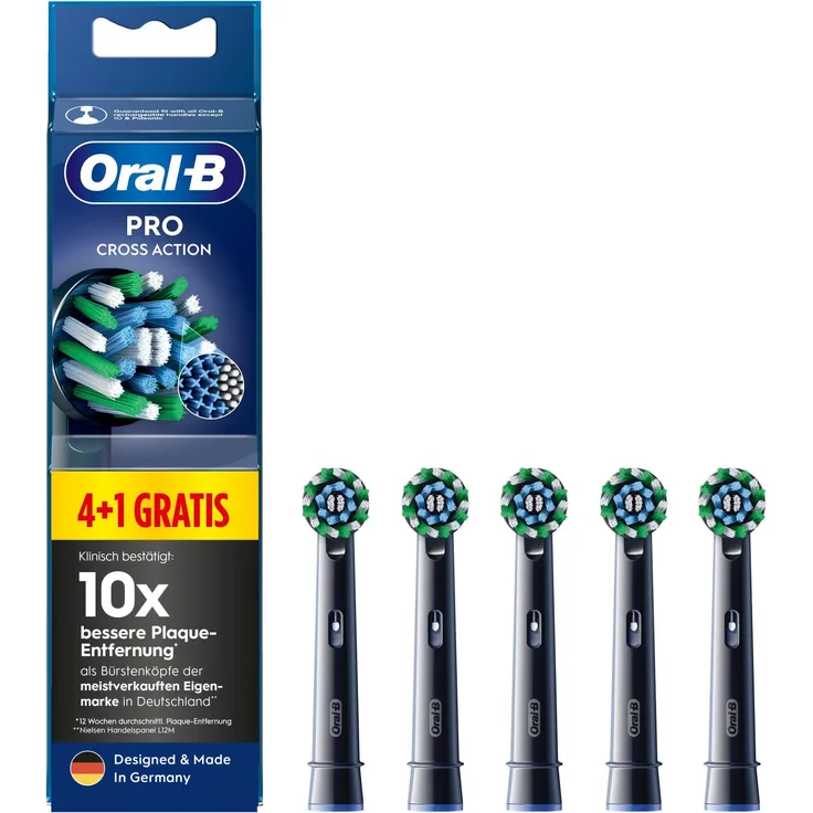 Braun Oral-B Pro CrossAction Original Aufsteckbürsten, optimale Zahnreinigung mit X-förmigen Borsten, schwarz, 4+1 Gratis