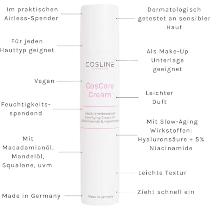 COSLINE CosCare Cream, Tagescreme für Gesichtspflege, feuchtigkeitsspendend, leicht, Anti-Aging, geeignet für sensible Haut, vegan, 50 ml, Made in Germany – Bild 3
