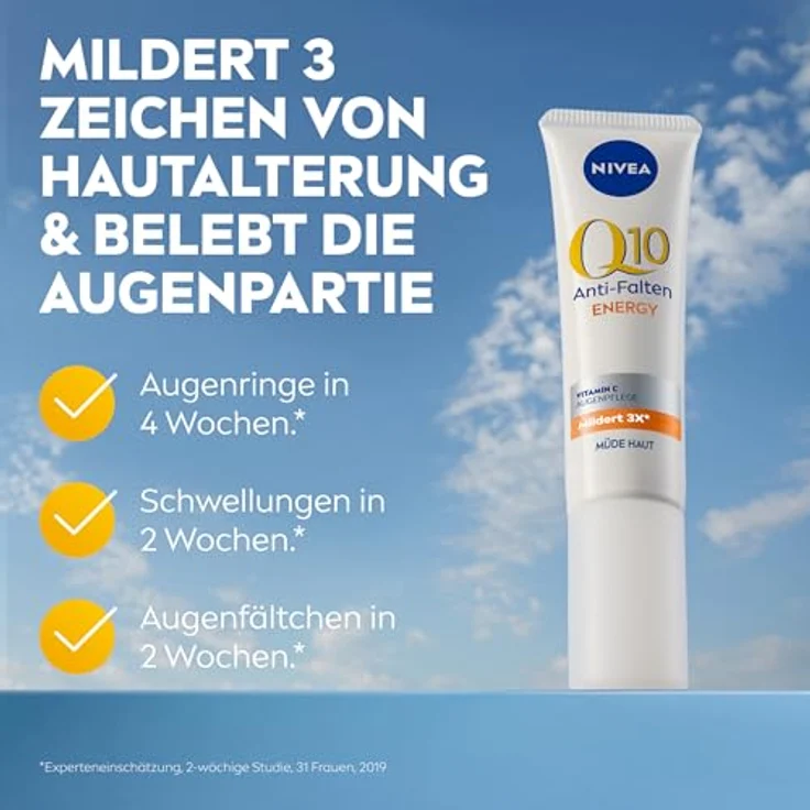 NIVEA Q10 Anti-Falten ENERGY Vitamin C Augenpflege, Augencreme mit purem Q10, Vitamin C und E, straffende Feuchtigkeitscreme für die empfindliche Augenpartie (15 ml) – Bild 2