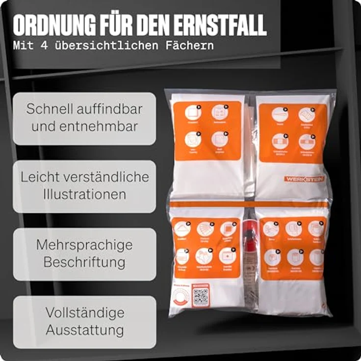 WERKSTEIN Erste Hilfe Nachfüllset ÖNORM Z1020 Typ1, 63 Teile mit Erste Hilfe Anleitung und praktischen Innentaschen für Betriebe bis 5 Beschäftigte – Bild 4