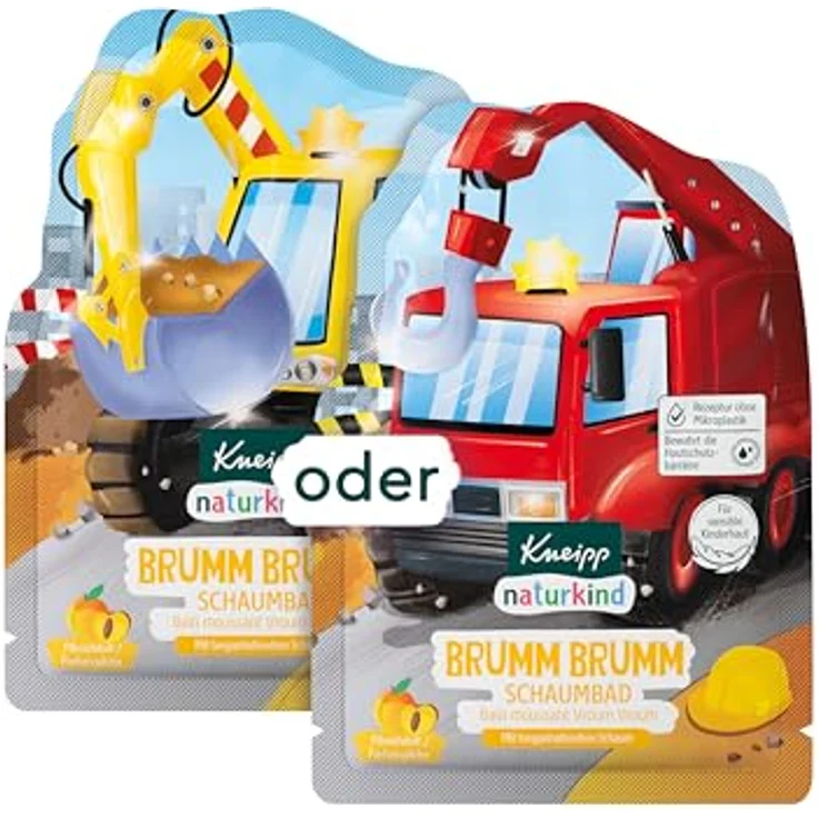 Kneipp naturkind Schaumbad Brumm Brumm, Badezusatz mit pflegendem Pfirsichkern-Öl und ätherischem Orangen-Öl, Bagger-/Kran-Motiv, 40ml für sensible Kinderhaut – Bild 1