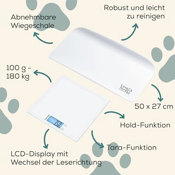 BEURER Polly Multifunktions-Haustierwaage, digitale Präzisionswaage bis 180 kg, Sicherheitsglas-Trittfläche, integrierte BMI-Berechnung, Überlastungsanzeige – Bild 6