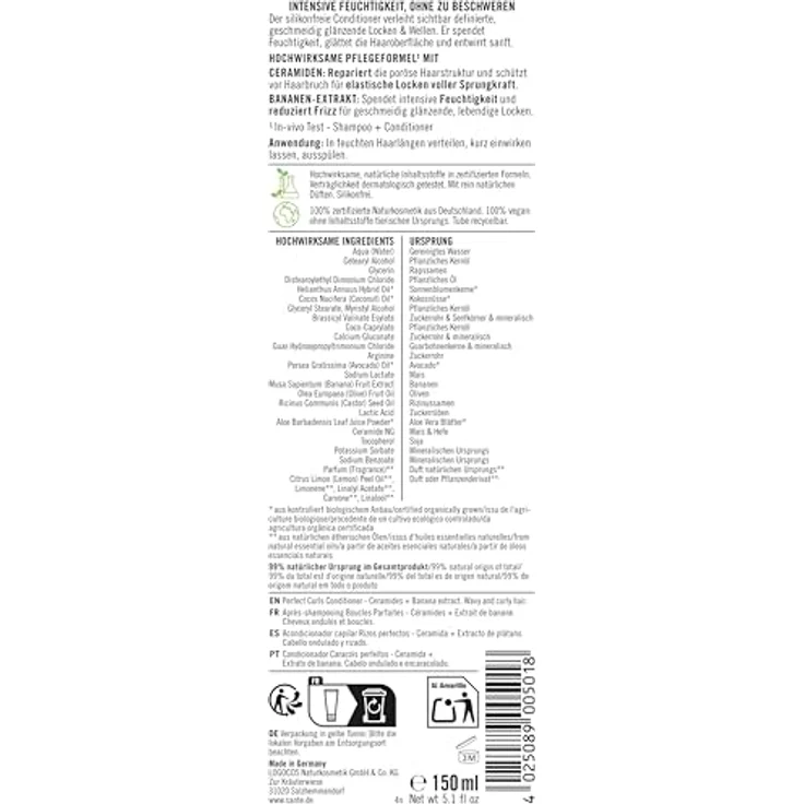 SANTE Naturkosmetik Perfect Curls Conditioner Ceramide, 150ml - Haarspülung für lockiges & welliges Haar mit Ceramiden & Banane, silikonfrei, mild & vegan – Bild 2