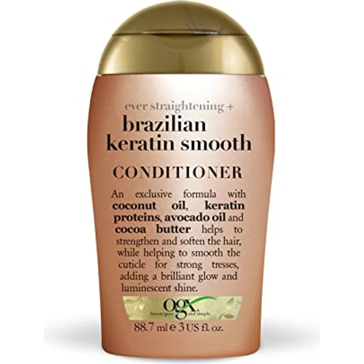 OGX Brazilian Keratin Smooth Conditioner (88 ml), glättende Haarspülung mit brasilianischem Kokosnussöl, Avocadoöl, Kakaobutter und Keratin Proteinen, sulfatfrei