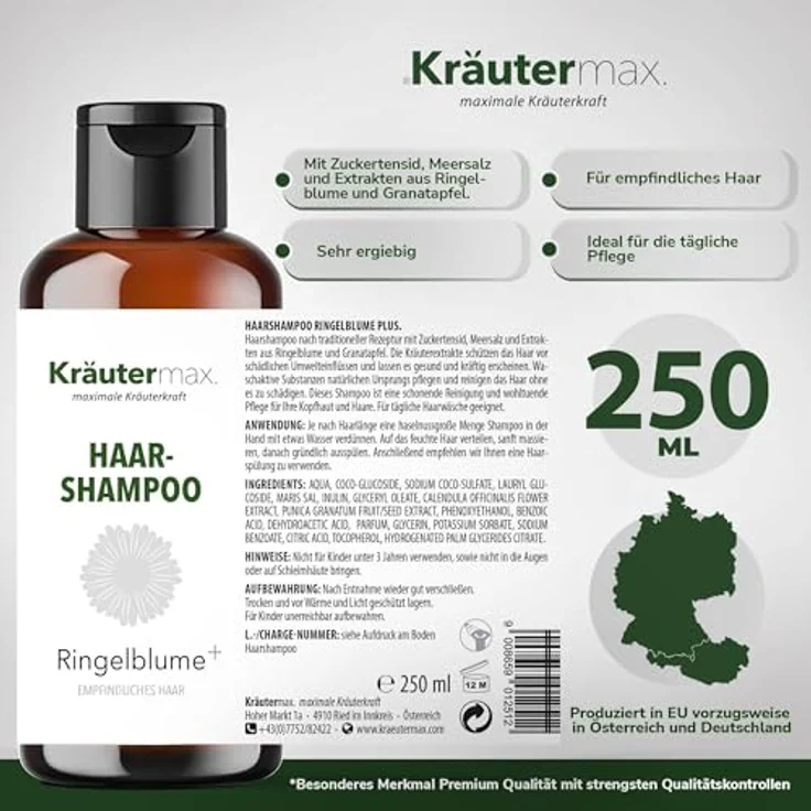 Kräutermax Ringelblume Haar Shampoo 1 x 250 ml, Shampoo mit Ringelblume und Granatapfelextrakten, ohne Paraffine und Vaseline, natürliche Haarpflege – Bild 4