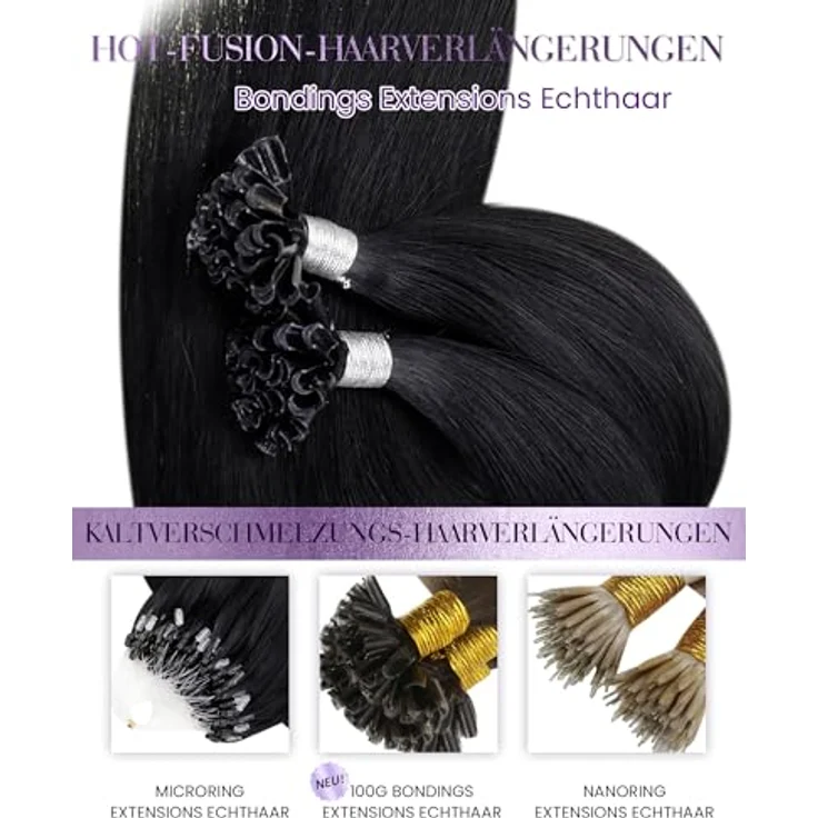 Laavoo Echthaar Bondings Extensions, Schwarz, Keratin-Bondings, 55cm, 50g, Remy Haar, glattes Design, hitzefusionsgeeignet – Bild 5