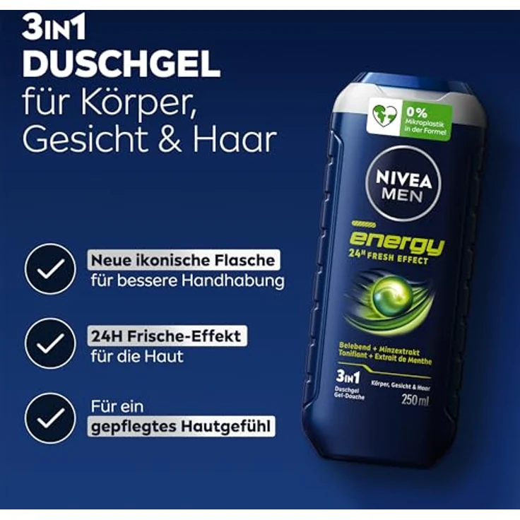 NIVEA MEN Energy Duschgel, pH-hautneutrale Pflegedusche mit natürlicher Minze und 24h Frischeeffekt, für Männer (250 ml) – Bild 2
